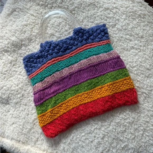 Colorful Striped Knit Handbag with Clear Handle - Picture 1 of 8
